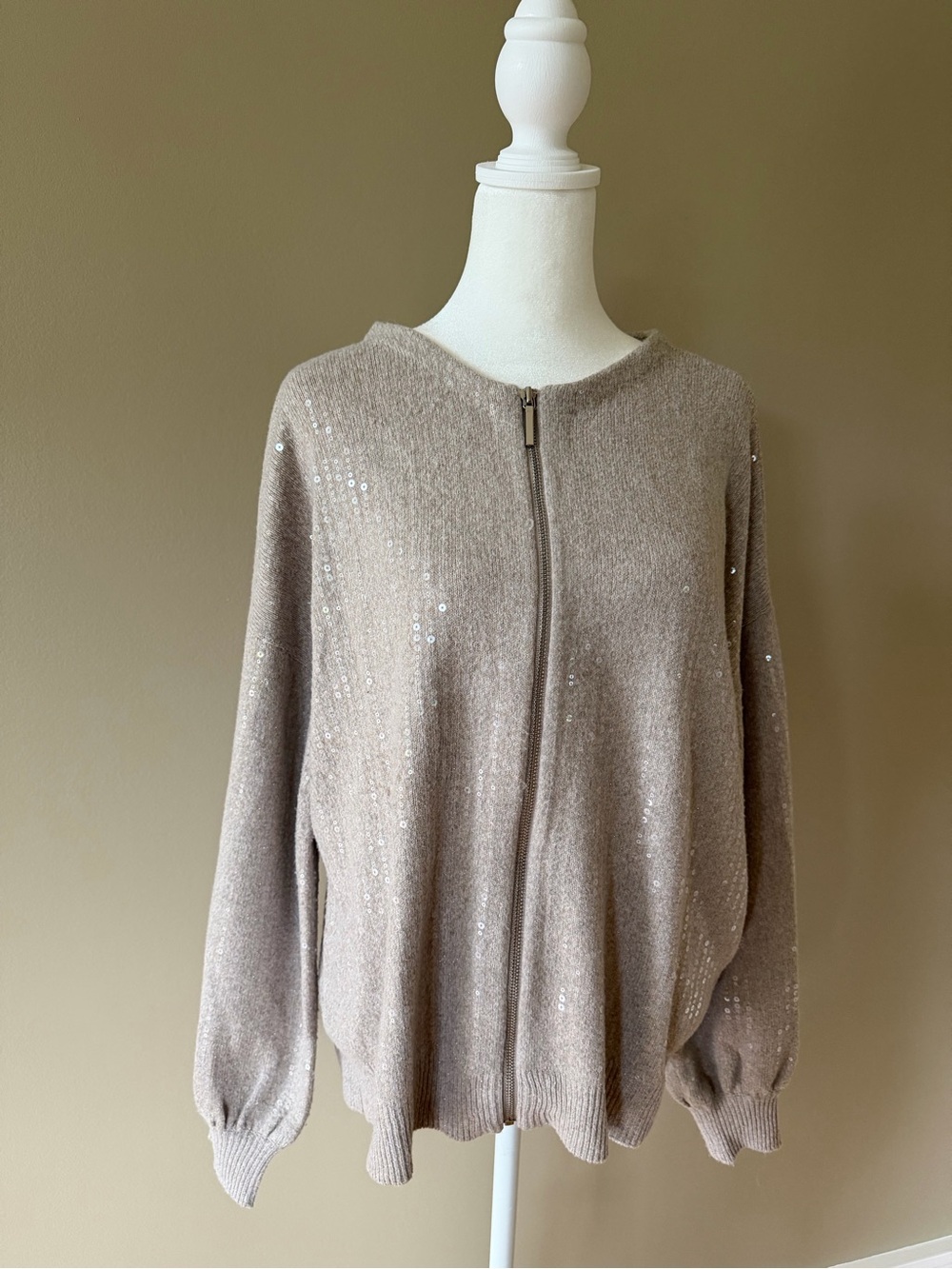 Chico's Beige Sequin Zip-Front Cardigan